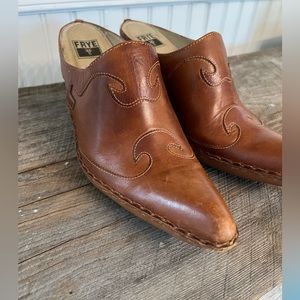 Frye leather heeled mules